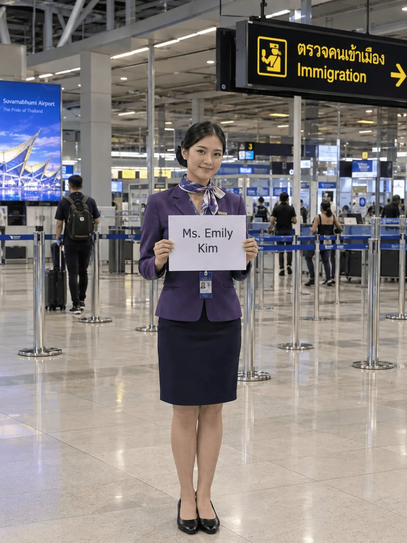 A greeter in a purple uniform holds a name sign in the terminal at Suvarnabhumi Airport, under a yellow-on-black Thai and English Immigration sign